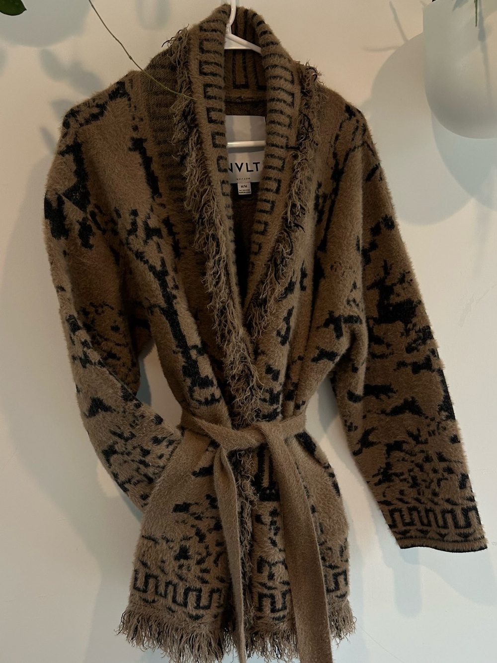 NVLT Brown & Black Fringe Belted Shawl Cardigan - M